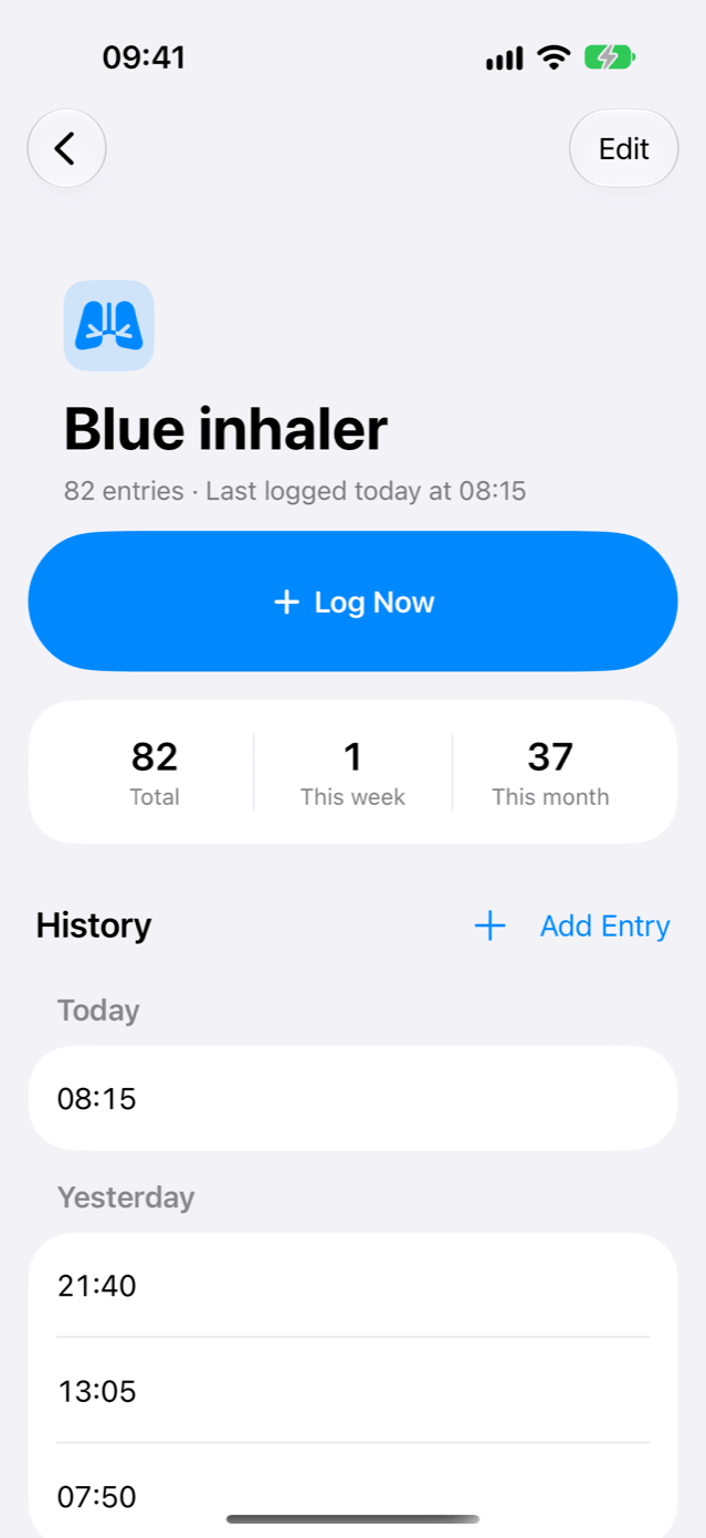 The Blue inhaler screen: 142 entries, a Log Now button, totals for this week and this month, and entries grouped under Today and Yesterday.