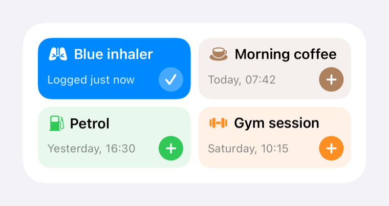 A medium Home Screen widget with four tracker tiles. The Blue inhaler tile is highlighted and reads Logged just now.